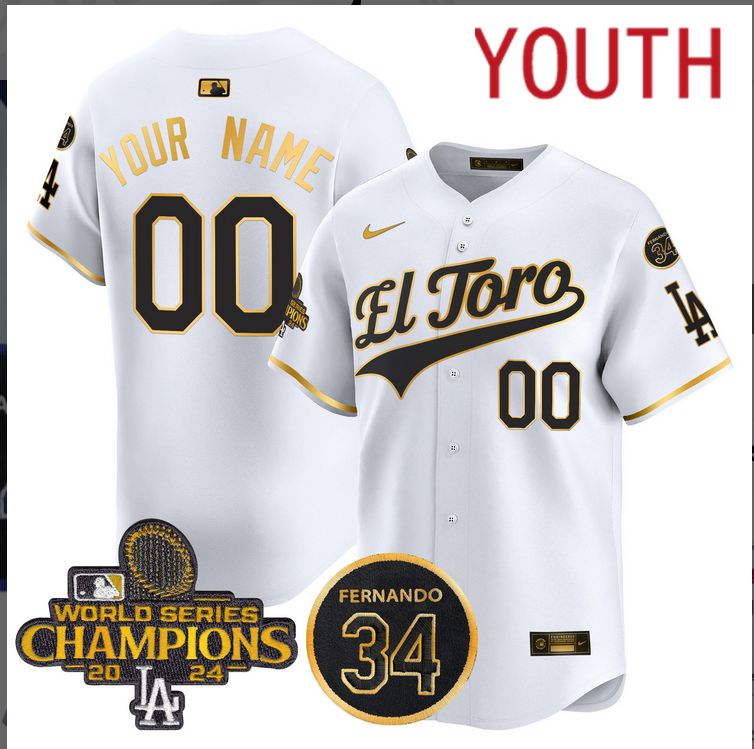 Youth MLB Los Angeles Dodgers Custom white 2024 World Series Champions Patch Cooperstown Jersey style 3->customized mlb jersey->Custom Jersey